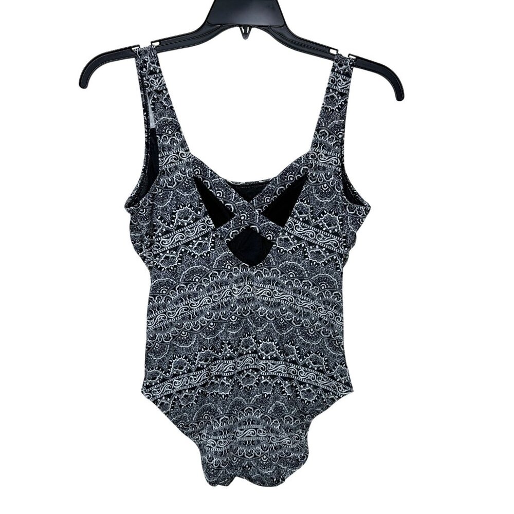 Vintage Robby Len One-Piece Swimsuit Criss Cross Back Black White Print Size 14 - Picture 3 of 10